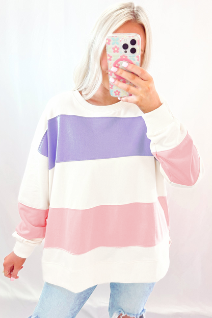 Beiges Sweatshirt mit Rundhalsausschnitt und Patchwork-Farbblockdesign mit überschnittener Schulter