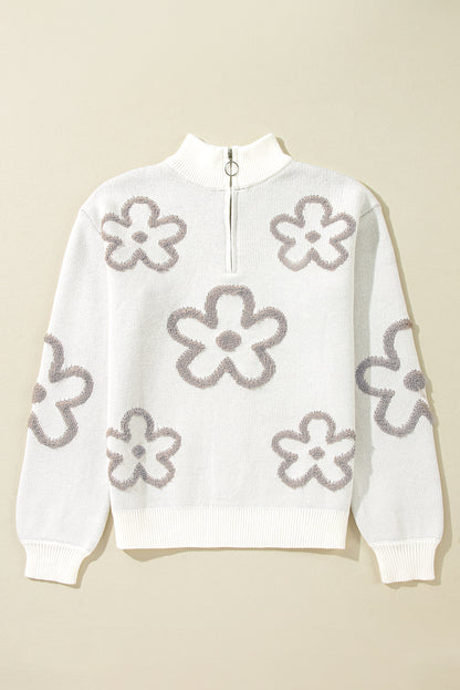 Weißer Pullover mit Stehkragen und halblangem Reißverschluss und Blumenmuster
