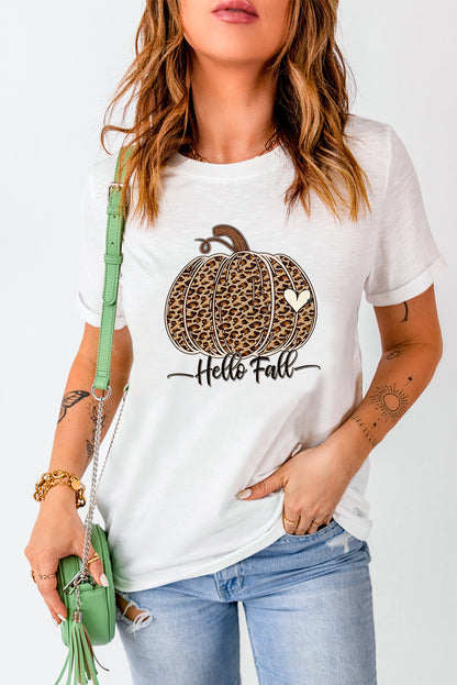 Weißes T-Shirt mit „Hello Fall“-Print und Leoparden-Kürbis-Motiv