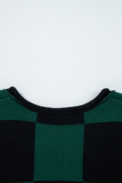Green Checked Notched Neckline Drop Shoulder Knit Sweater