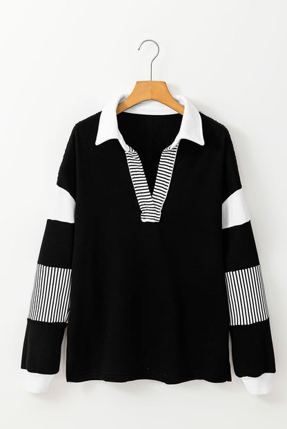 Schwarzes Sweatshirt mit gestreiftem Colorblock-Patchwork-Kragen