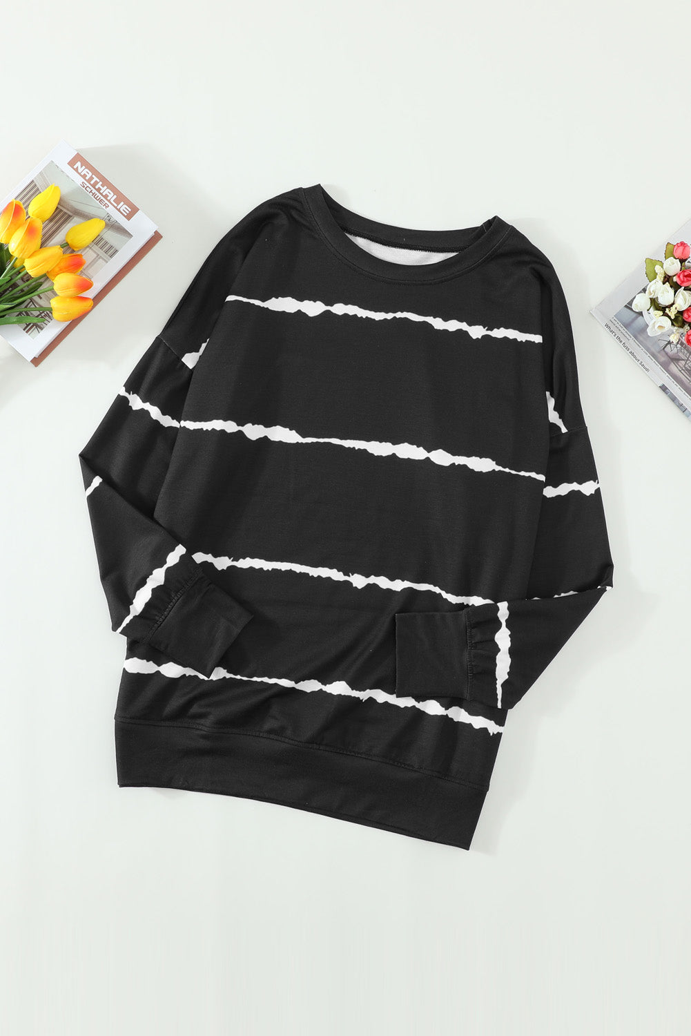 Schwarz gestreiftes abstraktes Langarm-Freizeit-Sweatshirt