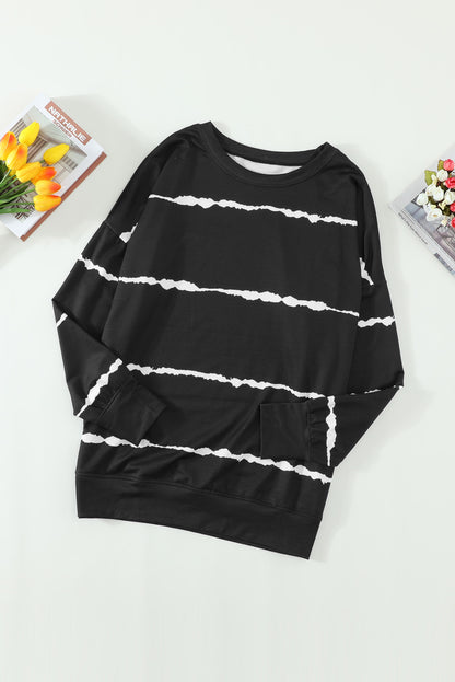 Schwarz gestreiftes abstraktes Langarm-Freizeit-Sweatshirt
