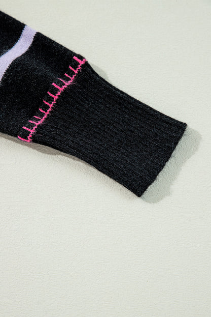 Schwarzer Pullover mit bunten Streifen und Rippenbesatz