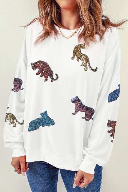 Beiges, lässiges Sweatshirt mit Rundhalsausschnitt und Pailletten