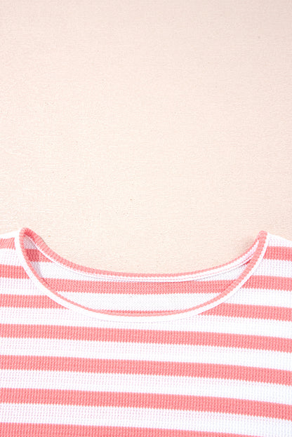 Pink Stripe Textured Contrast Dropped Long Sleeve Top