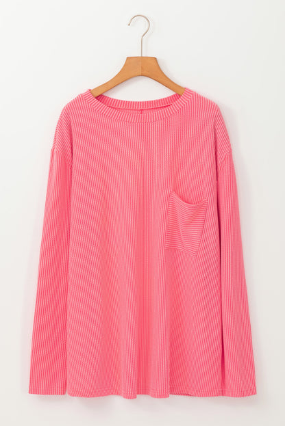 Peach Blossom – Geripptes, strukturiertes Langarm-T-Shirt in Übergröße
