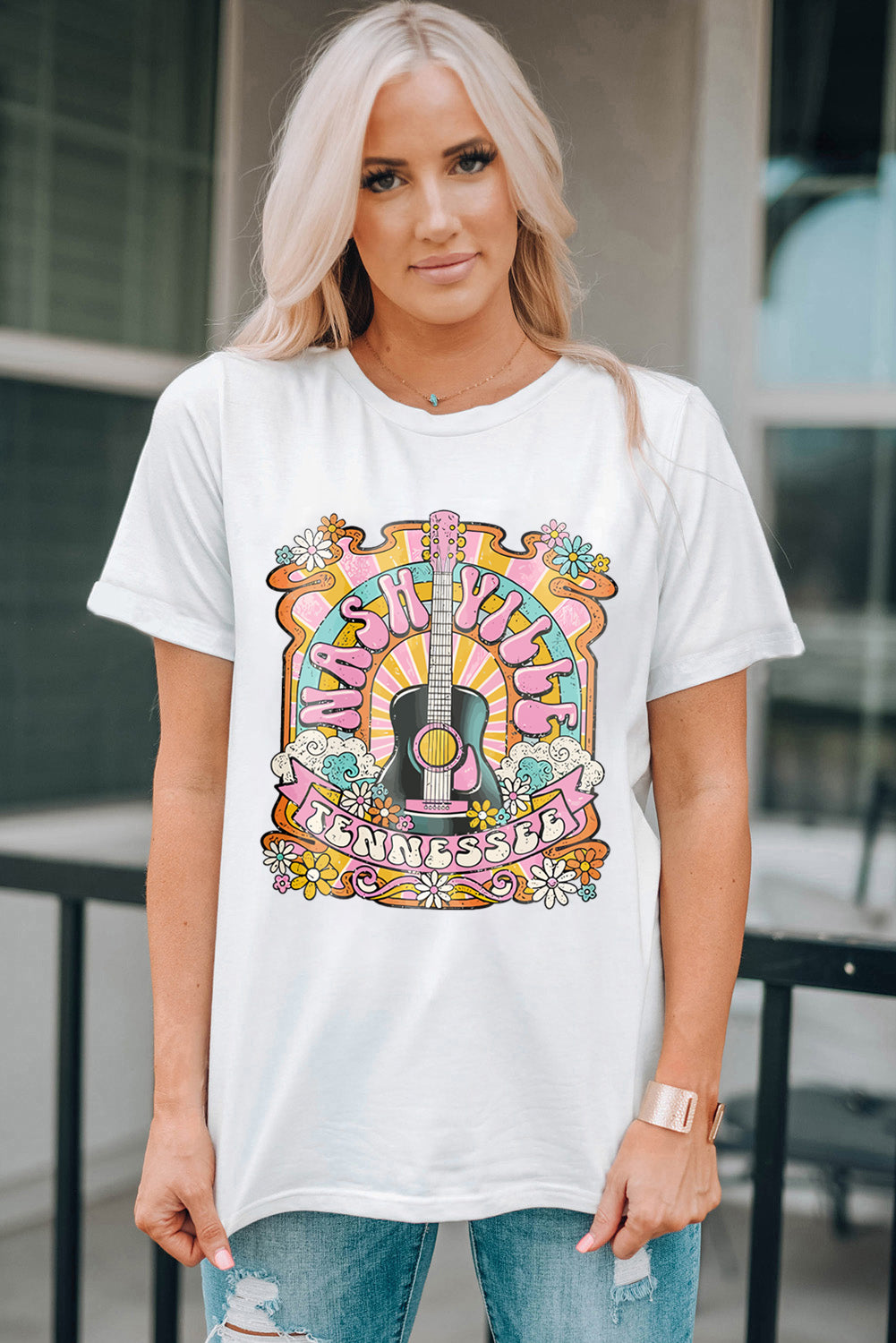 Weißes Country-Musik-T-Shirt mit NASHIVILLE-Gitarrengrafik