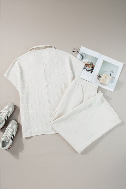 Beiges Plus Size Set aus strukturiertem Oberteil und Hose mit Kragen