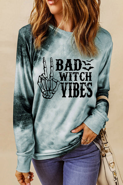Graues Batik-Langarmshirt mit BAD WITCH VIBES-Grafik