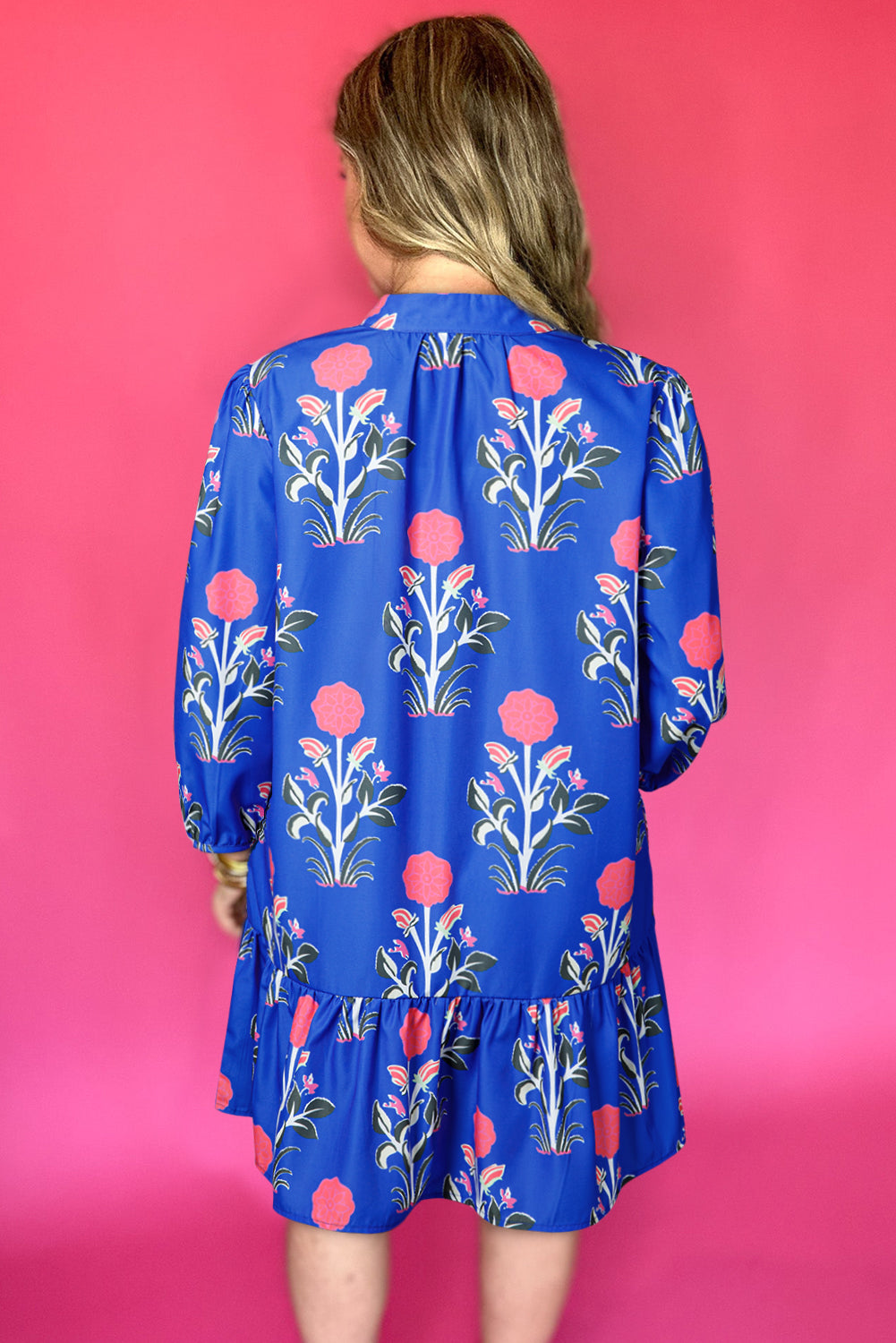 Blue Floral Print Button Detail 3/4 Puff Sleeve Ruffle Hem Dress