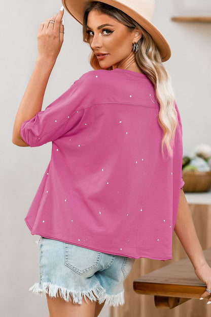 Rosa, gebleichtes Top mit asymmetrischem Saum im Used-Look und kurzen Ärmeln