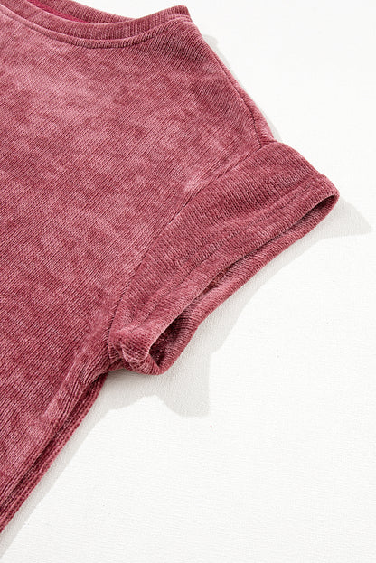 Set aus Cord mit kurzen Ärmeln und Crop-Hose in Mineralwaschung in Rosa