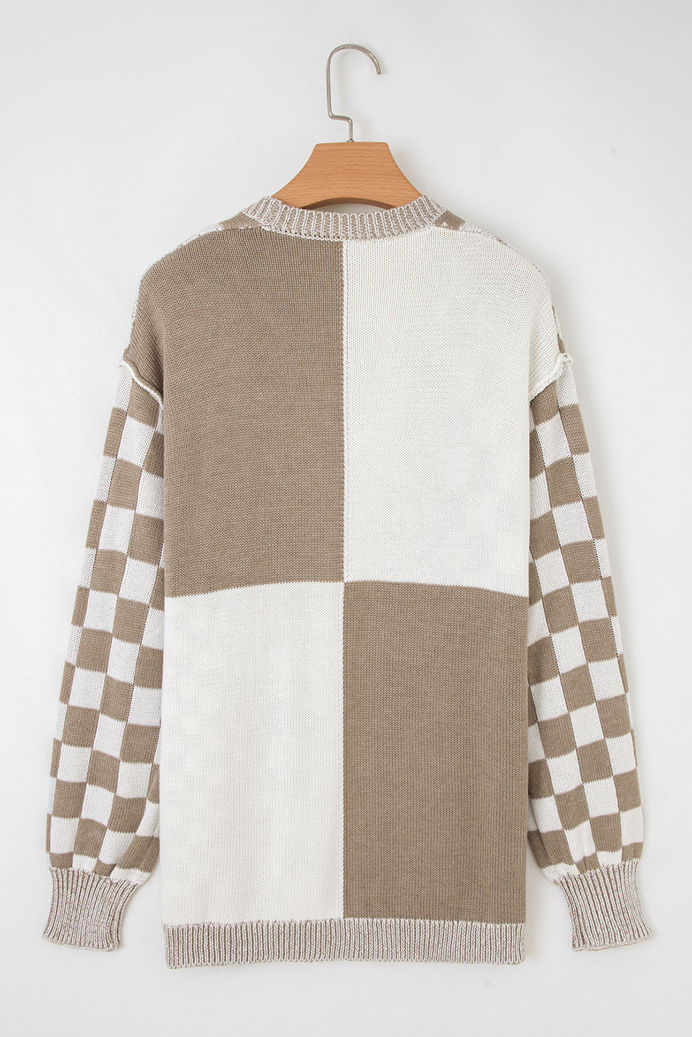 Brown Checkered Open Front Drop Shoulder Cardigan