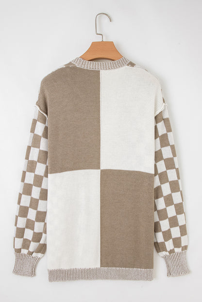 Brown Checkered Open Front Drop Shoulder Cardigan