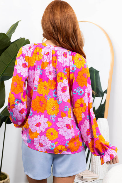 Bluse mit Volantärmeln und Reverskragen und Rosen-Blumendruck