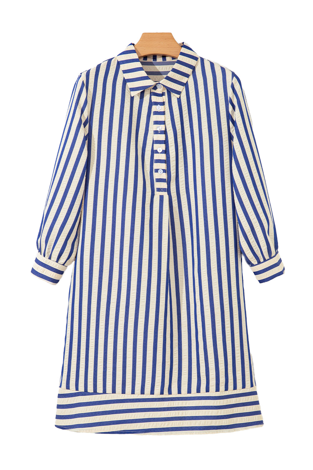 Blue Stripe Collared Half Button Side Pockets Loose Fit Mini Dress