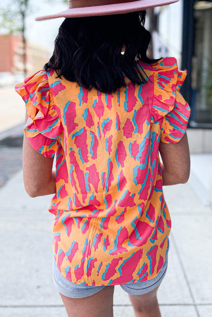 Orangefarbene Bluse mit abstraktem Print und V-Ausschnitt und Rüschenärmeln