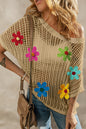 Helles französisches beiges Häkelblumen-Hohl-Pullover-T-Shirt