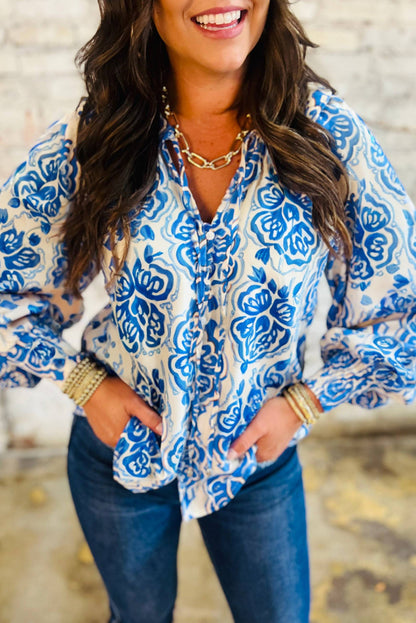 Sky Blue Ethnic Printed Tie Split Neck Button Front Puff Sleeve Shirt