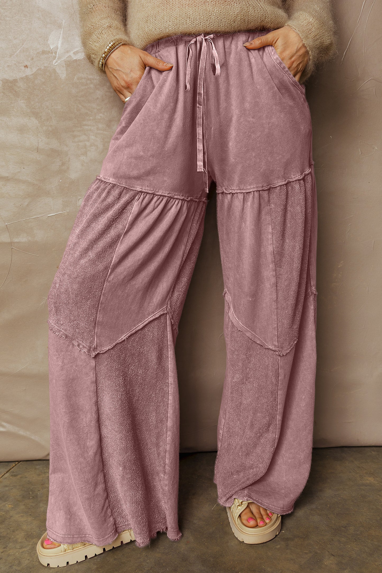 Straw Yellow Mineral Wash Tiered Wide Leg Patchwork Drawstring Pants