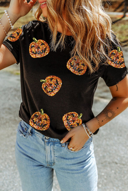 Schwarzes Pailletten-Kürbisgesicht-Halloween-T-Shirt