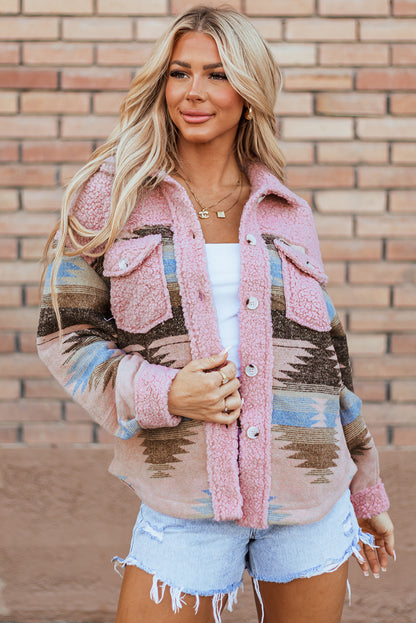 Rosa Sherpa-Mantel mit geknöpfter Pattentasche und Western-Aztekenmuster