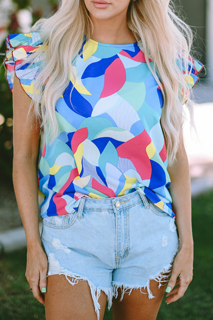 Mehrfarbige Bluse mit abstraktem Print und Rüschenärmeln