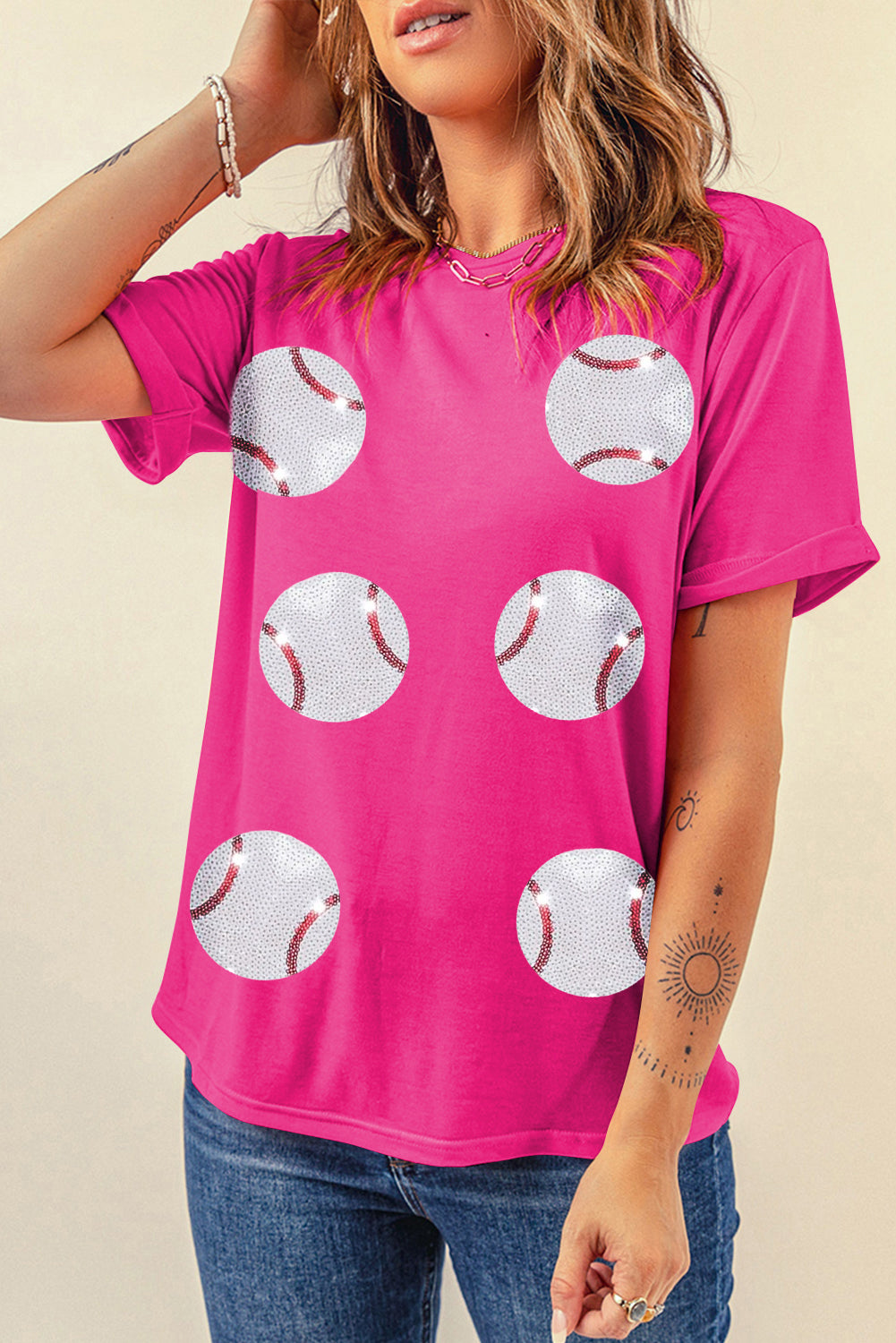 Rosarotes T-Shirt aus Baumwolle mit Baseball-Grafik und Pailletten