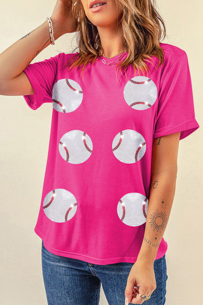 Rosarotes T-Shirt aus Baumwolle mit Baseball-Grafik und Pailletten