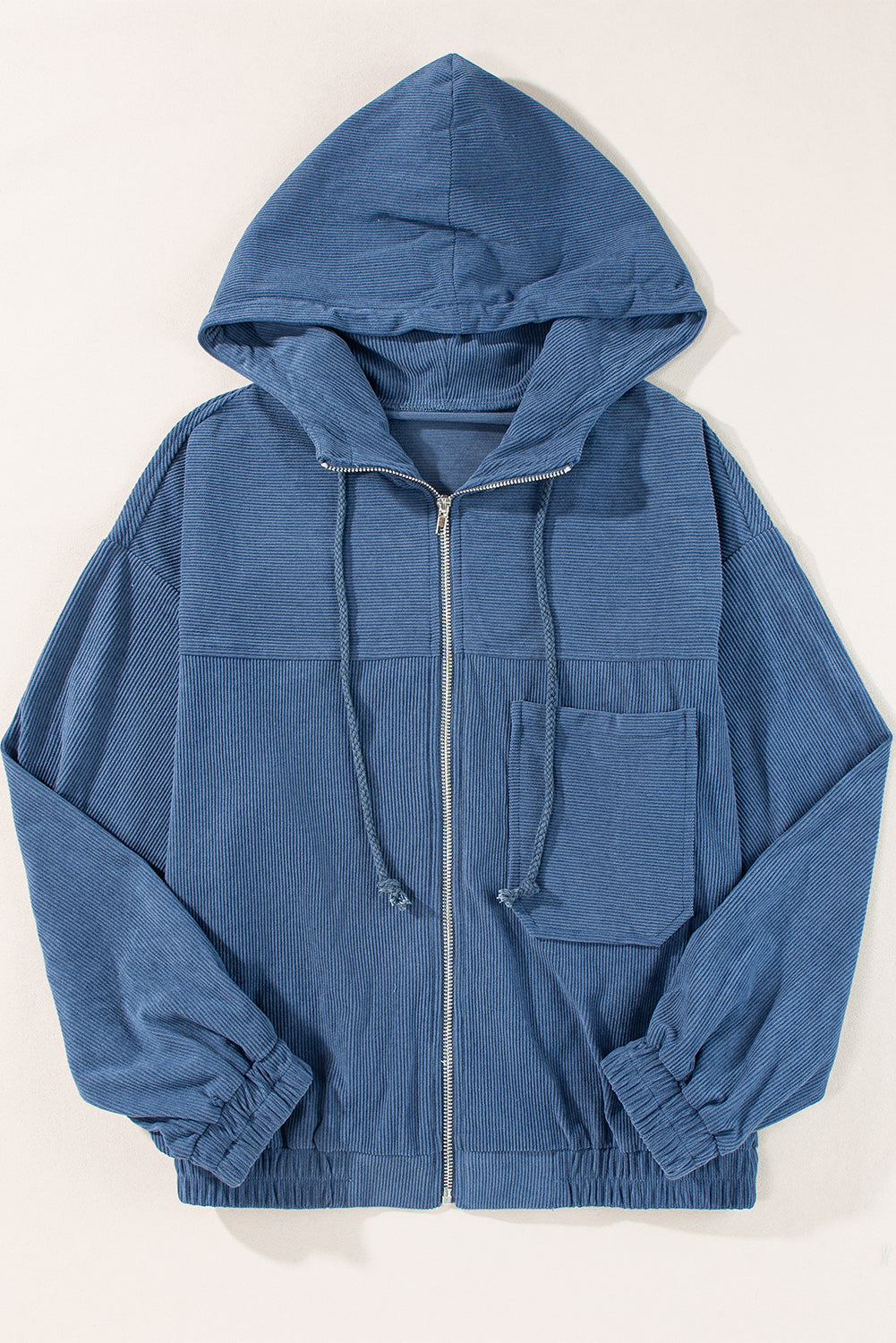 Echte blaugrüne Cordjacke mit Kordelzug, Kapuze und Reißverschluss
