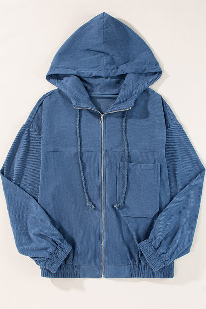 Echte blaugrüne Cordjacke mit Kordelzug, Kapuze und Reißverschluss
