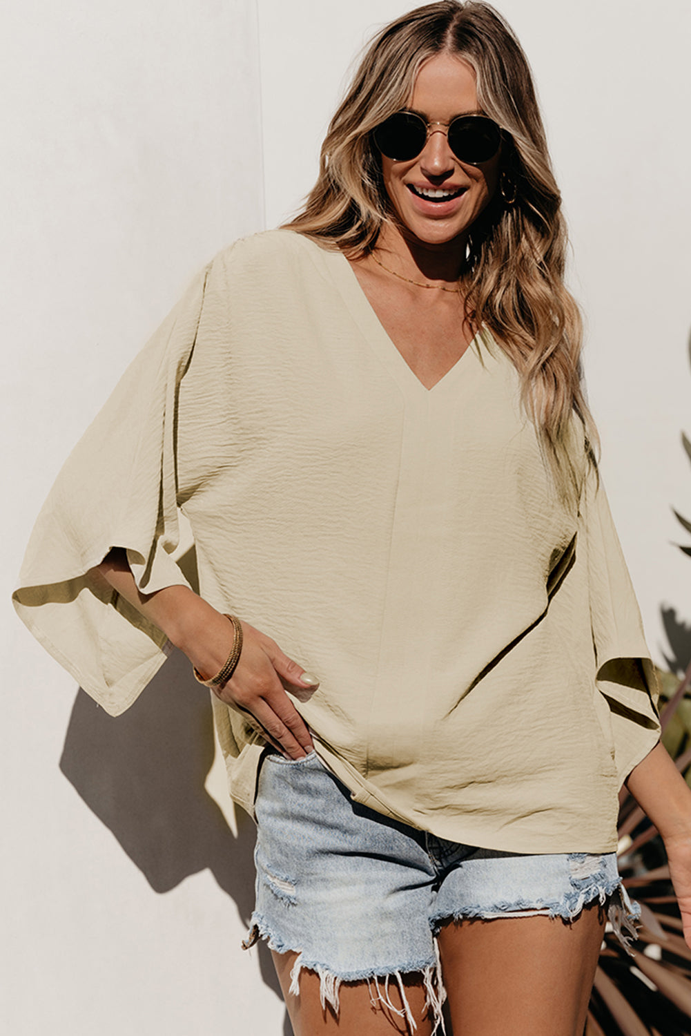 Parchment – Bluse mit V-Ausschnitt und weiten Ärmeln in Knitteroptik