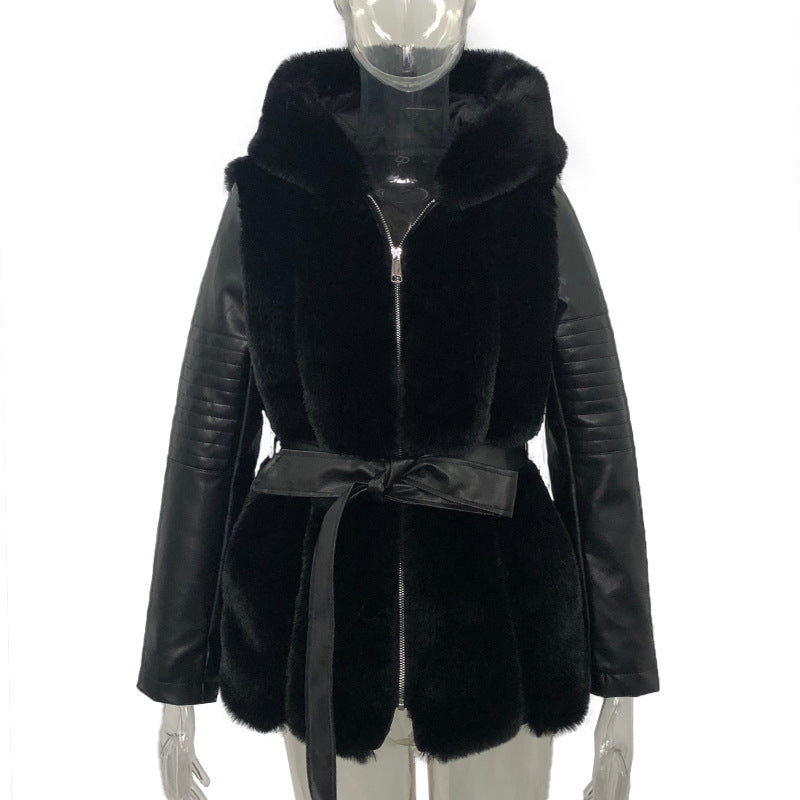 Fashionable Fur-Belted Hooded Zipper Jacket for Women