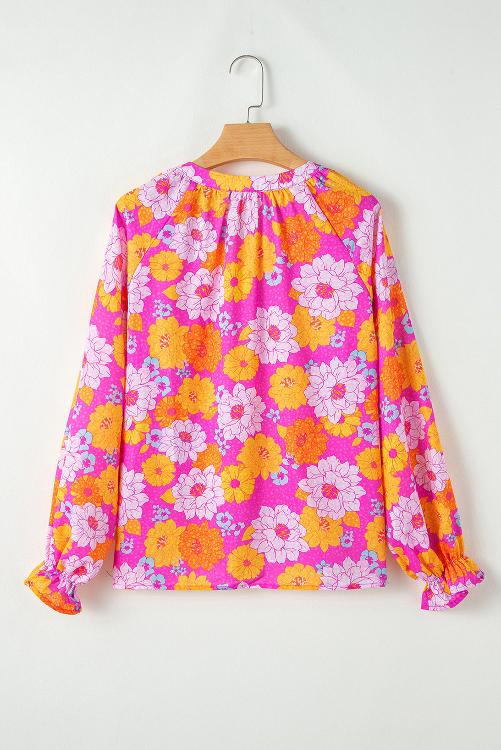 Bluse mit Volantärmeln und Reverskragen und Rosen-Blumendruck