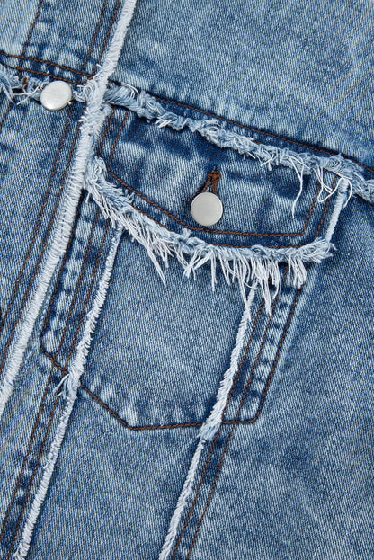 Beau Blue – Patchwork-Jeansjacke mit Kapuze und offenem Saum im Karomuster