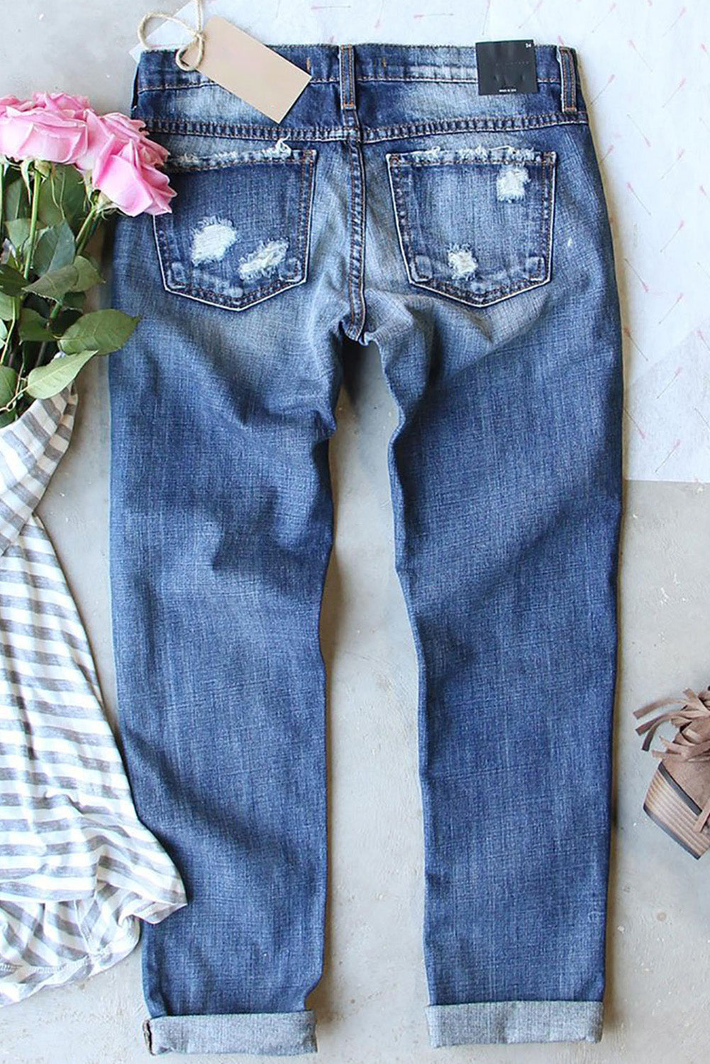 Himmelblaue, gerade Jeans mit Pailletten und amerikanischer Flagge und Stern-Grafik im Used-Look