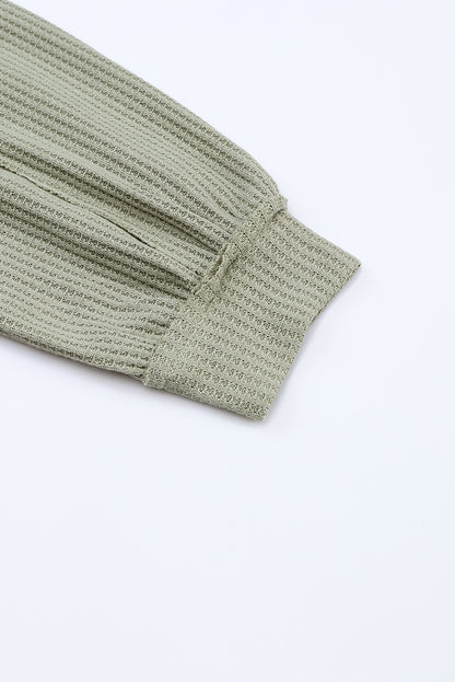 Green Exposed Seam Buttons Front Waffle Knit Cardigan