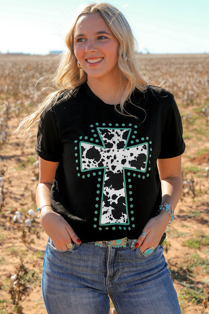Schwarzes T-Shirt mit Tiermuster und Kreuzgrafik
