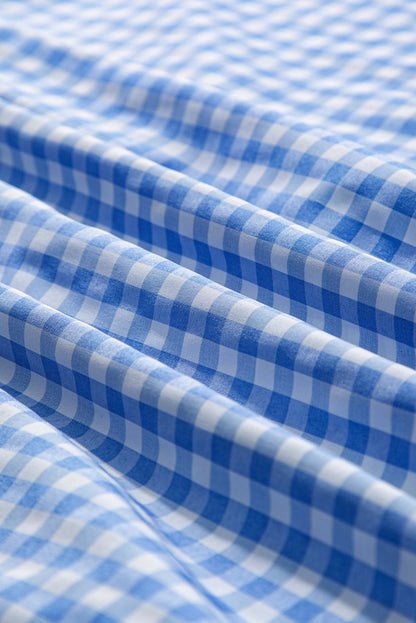 Himmelblaues, gestreiftes, kariertes Patchwork-Langarmhemd mit Knopfleiste
