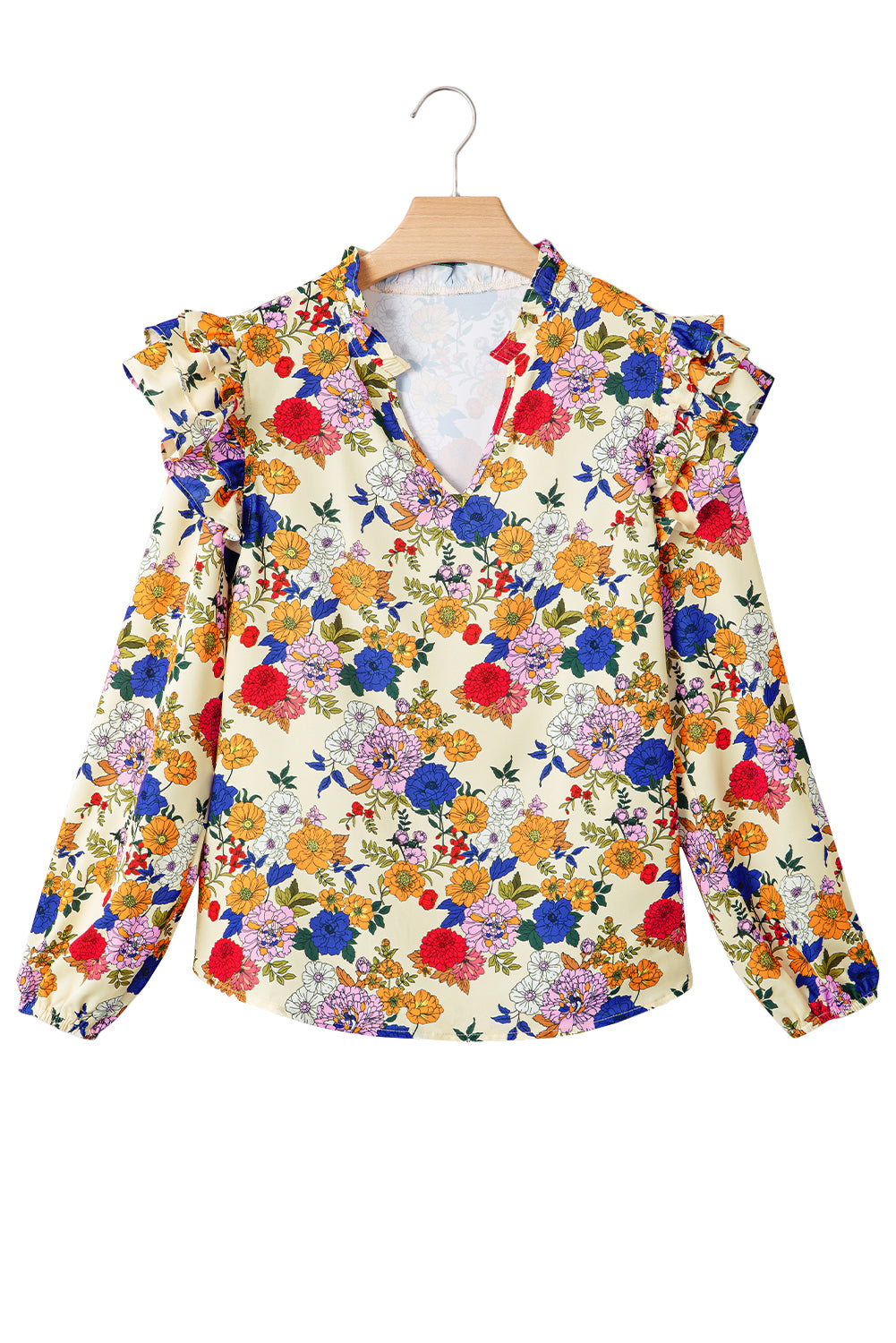 Apricot Ruffled Shoulder Long Sleeve Floral Blouse