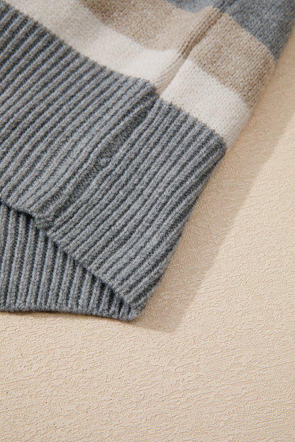 Grau gestreifter Pullover mit Farbblock und geripptem Rand und Rundhalsausschnitt