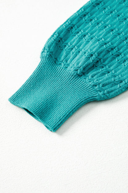 Sea Green Trendy Pattern Knit Ribbed Cuffs Crew Neck Sweater