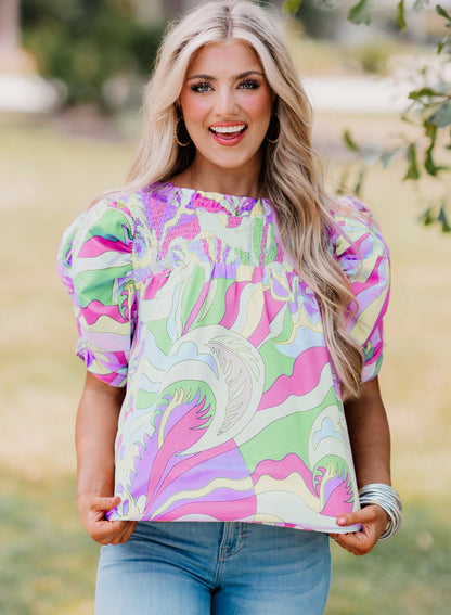 Grüne Bluse mit abstraktem Print und Puffärmeln
