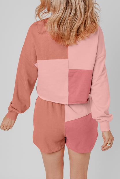 Pfirsichblüten-Colorblock-Patchwork-Langarm-Shorts-Outfit