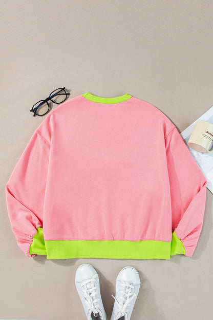 Rosa Sweatshirt mit Farbblock-Muster und Puffärmeln
