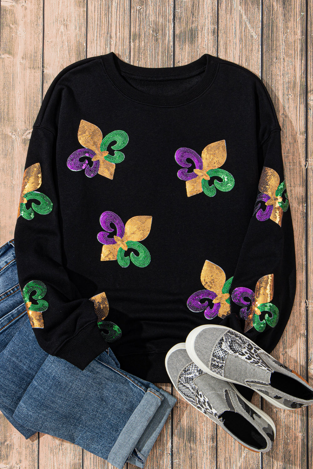 Schwarzes Pullover-Sweatshirt mit Mardi Gras-Grafik und Pailletten