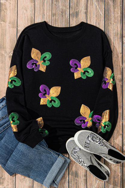 Schwarzes Pullover-Sweatshirt mit Mardi Gras-Grafik und Pailletten