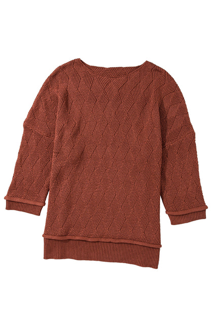 Gold Flame Einfarbig Strukturierter Lockerer Pullover mit Rundhalsausschnitt