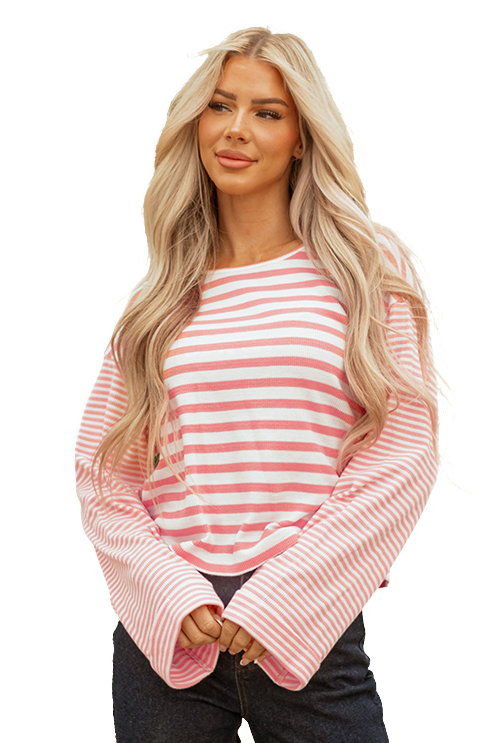 Pink Stripe Textured Contrast Dropped Long Sleeve Top